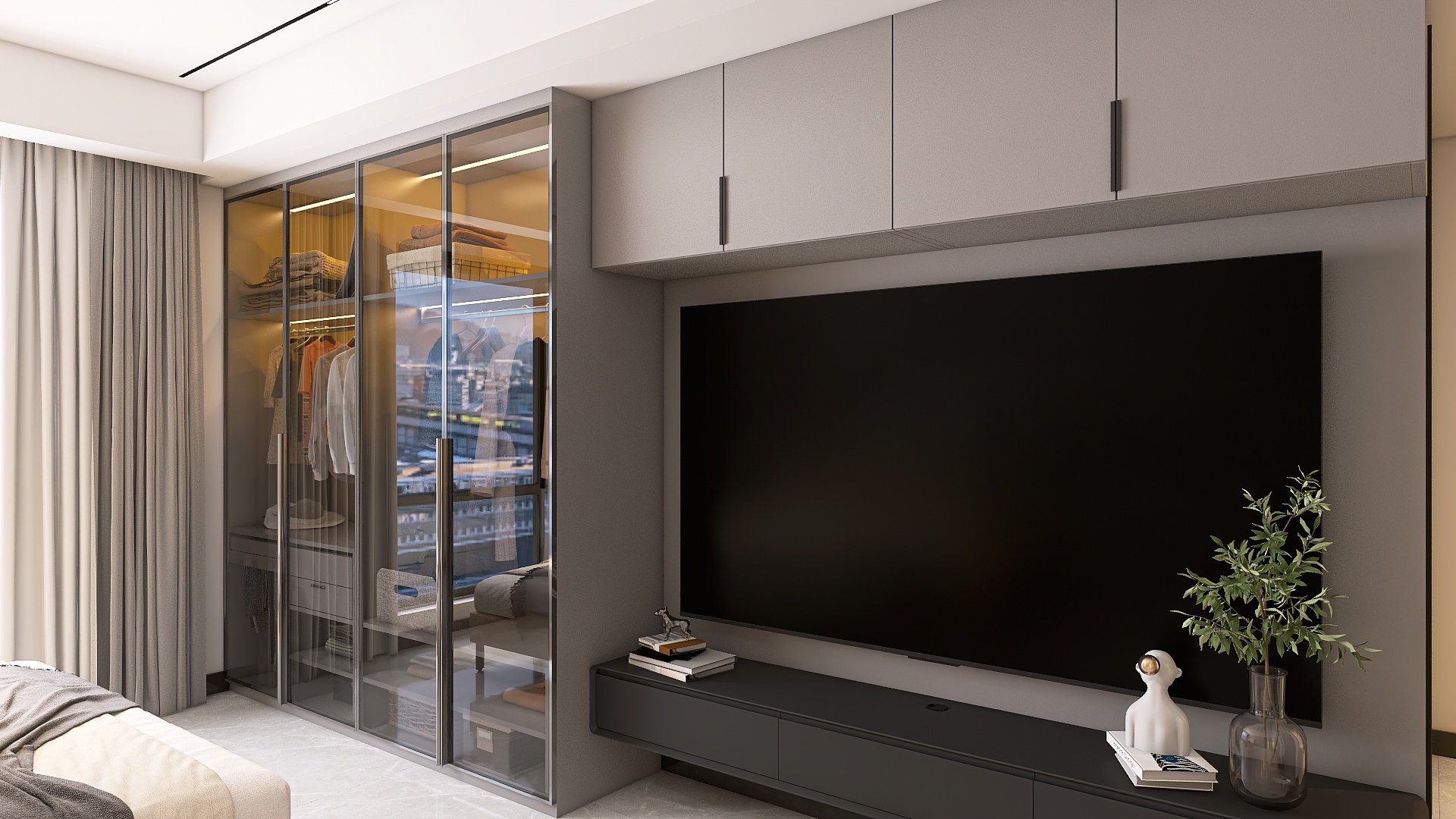 “Minimal υπνοδωμάτιο με γυάλινη ντουλάπα, εντοιχισμένη κατασκευή για τηλεόραση, ουδέτερους τόνους και σύγχρονη αισθητική από επαγγελματία interior designer.”